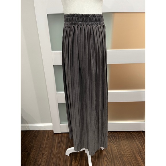 Women's Charcoal Gray Pleated Maxi Skirt Elastic Waistflowy Midi Skirt Casual - Picture 2 of 5
